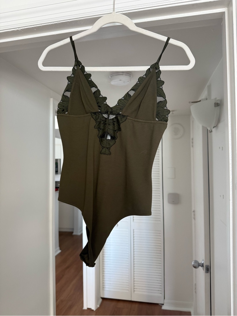 Fleur du Mal Olive Green Lace-Trim Bodysuit